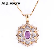 AULEEZE Vintage Natural Pink Sapphire Wedding Pendant Real Diamond 18K Yellow White Gold Gemstone Necklace For Women Jewelry