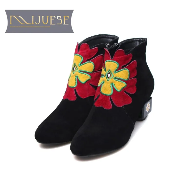 

MLJUESE 2019 women ankle boots cow suede slip on green color floral autumn spring high heels women martin boots party dress