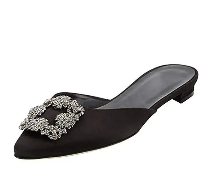 Kmeioo/женские туфли без каблуков, размеры США 5-15, женские атласные туфли на плоской подошве со стразами, украшенные камнями, с острым носком - Цвет: Black-satin