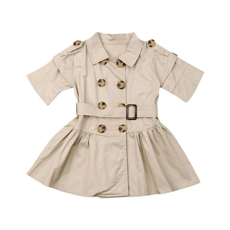 

2-7Y Kids Baby Girls Coat Dress England Style Lapel Double-Breasted Coat Dress Child Girl Half Sleeve Buttons Girl Dress