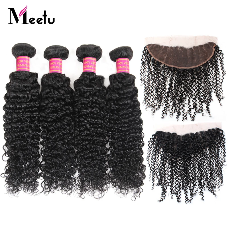 

Meetu Peruvian Curly Bundles with Frontal 100% Human Hair Bundles with Frontal 4 Bundles with 13x4 Lace Frontal Non Remy Hair