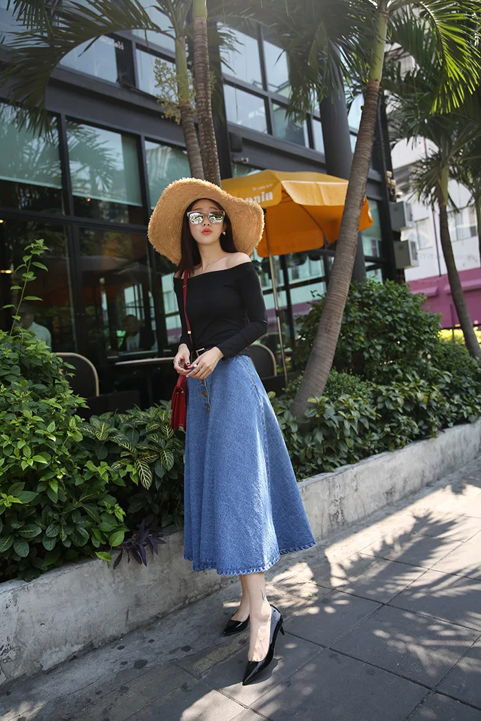 Модная Джинсовая Высокая талия сплошной цвет Женская длинная юбка трапециевидной формы корейский стиль Женская Повседневная
