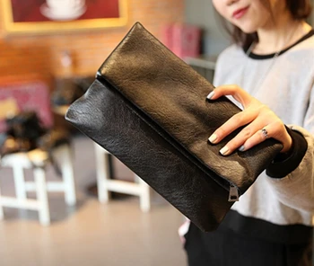 

Women's bag Solid color day clutch vintage black brief female folding envelope bag soft pu leather clutch bag