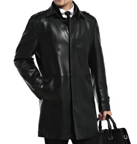 M-3XL HOT Men's clothing autumn Business leisure Leather trench plus size slim medium-long Lapel overcoat PU leather outerwear