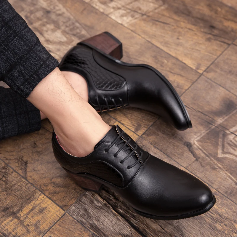 

SUROM Black Leather Shoes Men Casual Fashion Unisex High Heels Work Booties Lace Up Men Women Shoes Heightening Sole Non-slip