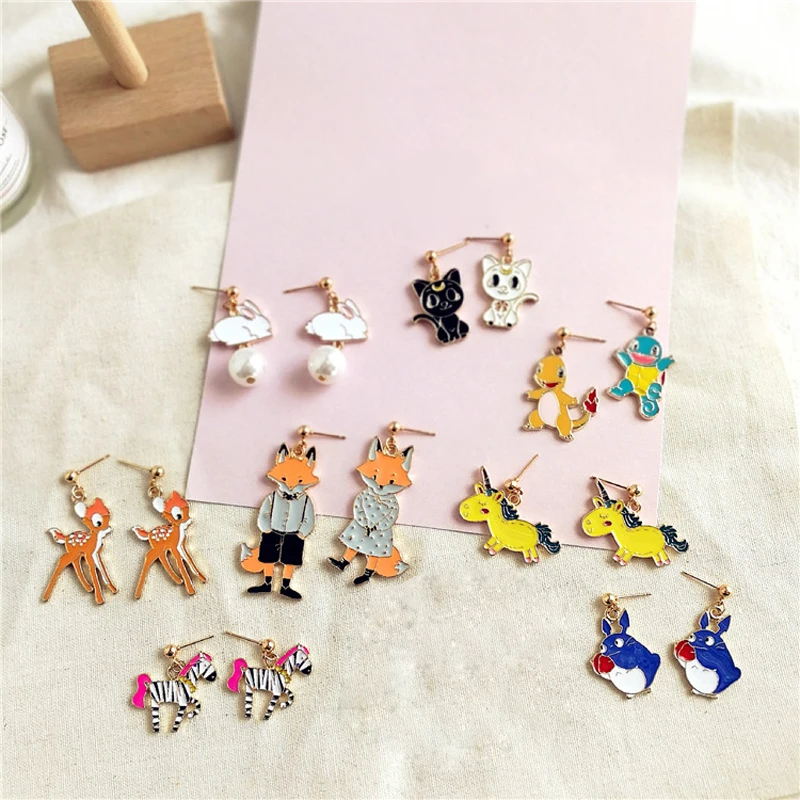 

Animal Stud Earring Cute Epoxy Asymmetrical Deer Rabbit Horse Fox Turtle Pikachu Stud Earring COSER Girl Christmas Gift Jewelry