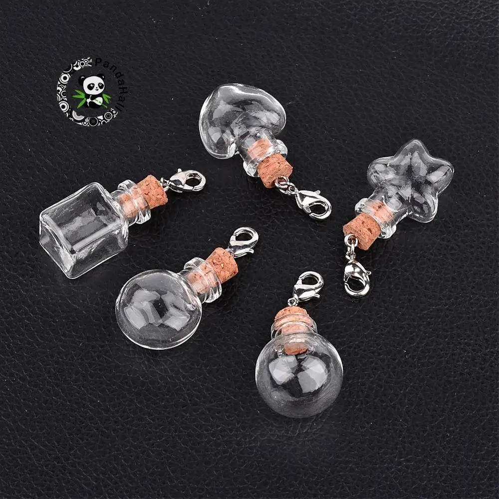 

30pcs Mixed Shape Glass Wishing Bottle Pendants with Iron Findings and Brass Lobster Claw Clasps DIY Jewelry Accessories 45mm