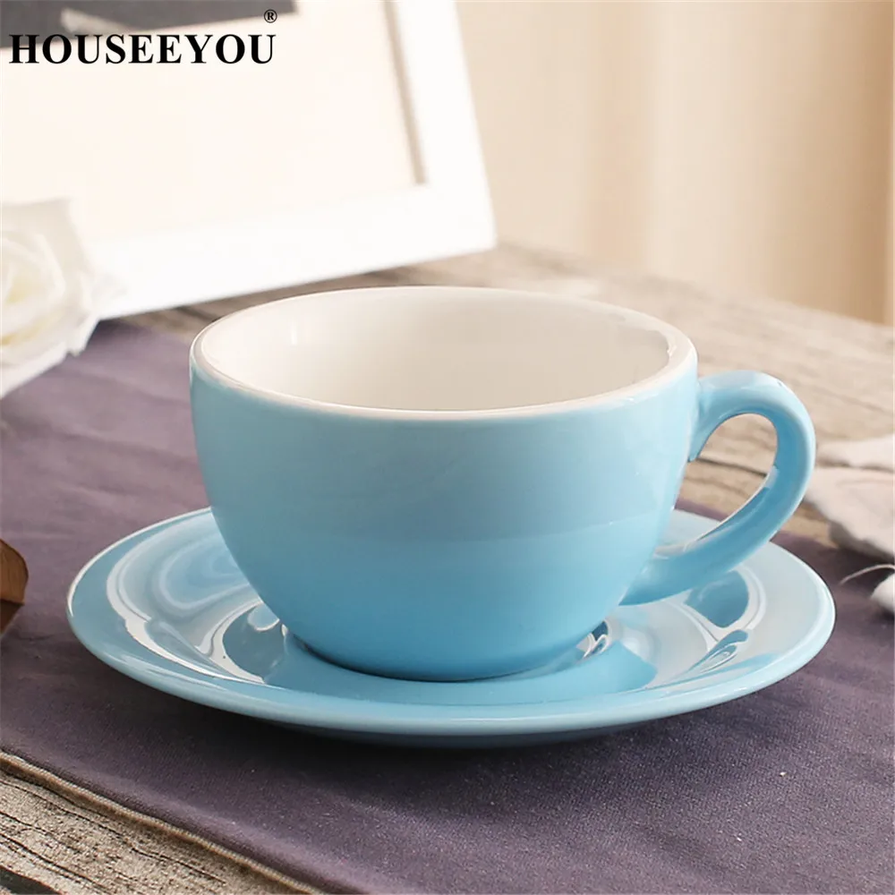 200 мл Макарон с широким горлышком капучино кофейная чашка с блюдцем Европейская Толстая цветная глазурованная керамика эспрессо кофейные чашки наборы - Цвет: blue