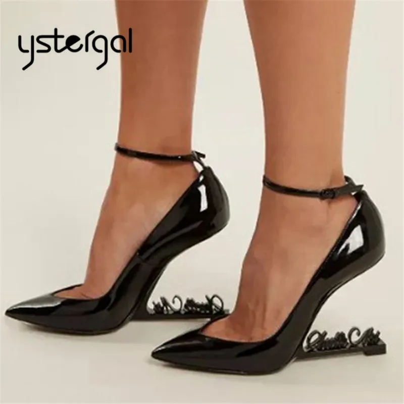 Ystergal Metal Letters Heel Women Pumps Patent Leather 10CM High Heels Mary Jane Black Wedding Dress Shoes Woman Stiletto