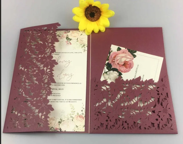 burgundy 10 шт/pocketfold Дизайн Лазерная резка лист Свадебные Пригласительные открытки три сложенные открытки поздравительные приглашения Вечерние - Цвет: burgundy
