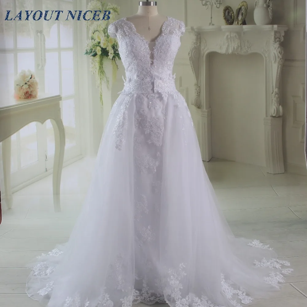 

White Elegant Vestido De Noiva Long Bridal Gown Detachable Skirt Wedding Dress 2017 Vintage Lace Wedding Dresses V neck Backless