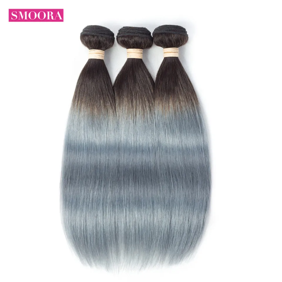 

Smoora 1B/Grey Straight 3 Bundles Brazilian Human Hair Weave Dark Root Sliver Gray Ombre Color Hair Extention Non-Remy Hair Weft