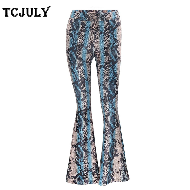 

TCJULY Sexy Snake Skin Lines Patterns Printting Bell Bottom Pants Skinny Slim Push Up Trousers Women Modal Elastic Female Pants