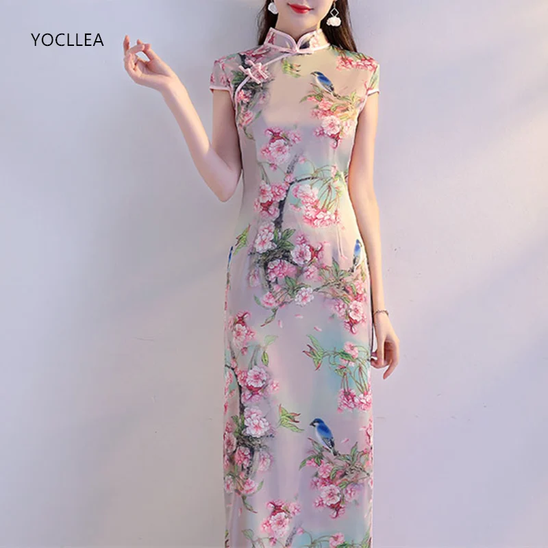 

New Girl Traditional Chinese Silk Dress Women Long Qipao slim Short Sleeve Cheongsams female Evening Party Dresses vestidos