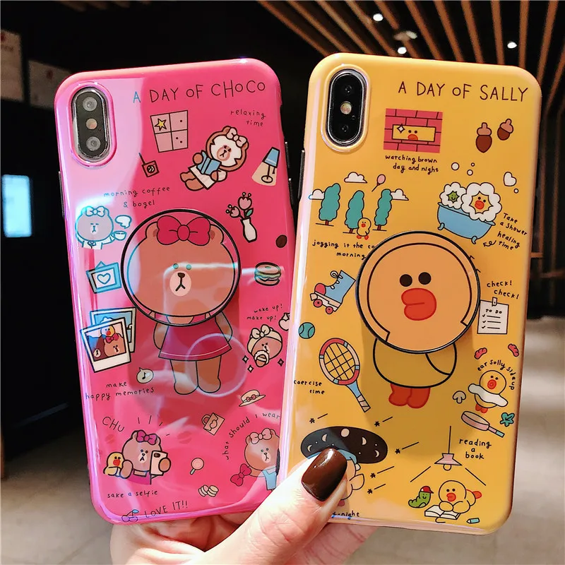 

JAMULAR Fashion Blue Ray Case For iPhone X XS MAX XR 7 8 6 6s Plus Cute Brown Bear Cony Rabbit Soft Stand Holder Phone Cover Bag