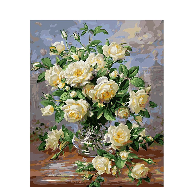 

New! Wall Art Framed Picture Painting By Numbers DIY Digital Canvas Oil Painting Home Decor Of White Camellia