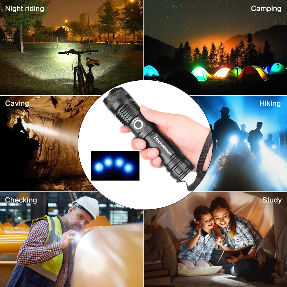 Online Super potente lámpara de 5 modos xhp502 potente linterna LED usb linterna LED con zoom xhp50 18650 o 26650 batería recargable caza