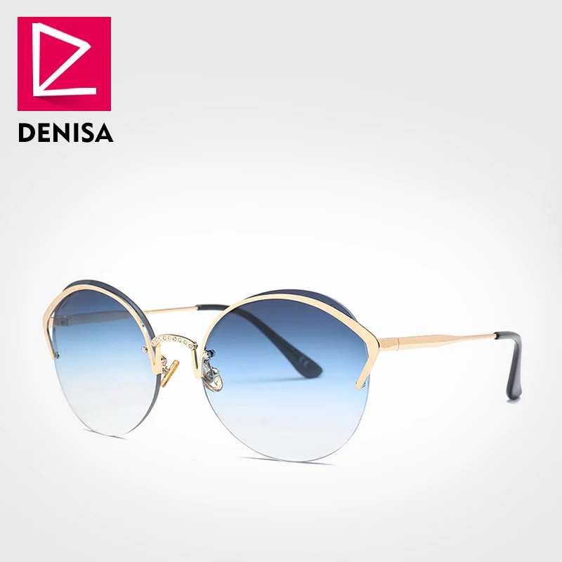 DENISA круглые линзы кошачий глаз солнцезащитные очки для девушек модные трендовые градиентные солнцезащитные очки для женщин полуоправы очки UV400 G22001 - Цвет линз: Blue Sunglasses