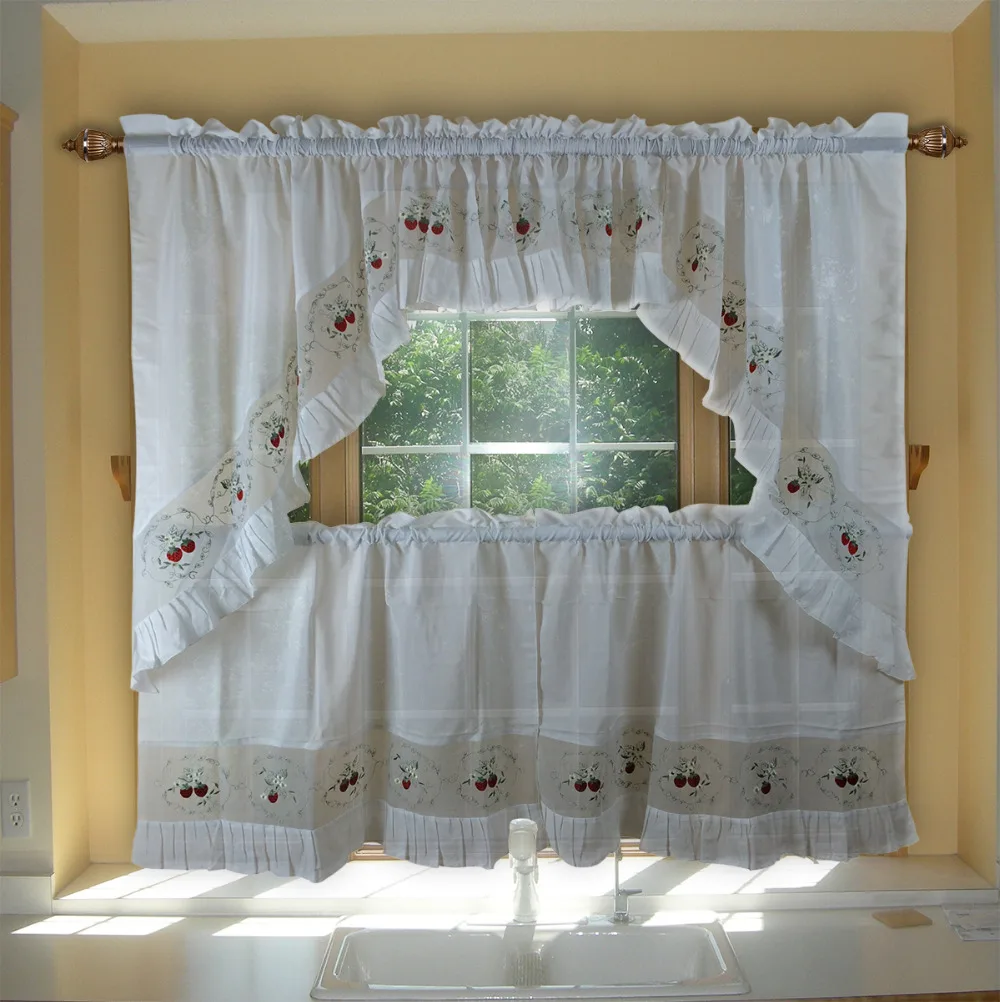 Strawberry Embroidery Curtains Valance Swag And Tier Set Tulle Sheer