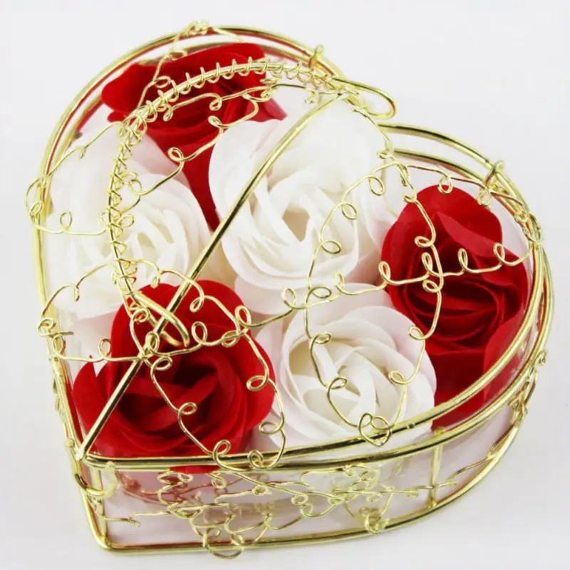 

6 Pcs Soap Rose Flower Petal Soap In Heart Shaped Iron Basket Valentine's Day Gift Artificial Flowers Wedding Decoration