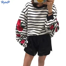 2017 Baru Musim Gugur Harajuku Hoodies Roses Bordir Lengan Lentera Longgar Striped Wanita Kaus Gadis Vintage Elegant Kasual Tops