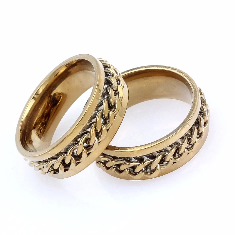 QianBei модные Нержавеющая сталь цепь Вращения Кольца Панк золото Цвет 8 мм палец кольцо для Для женщин Для мужчин любителей ювелирных подарок Размеры 7-12