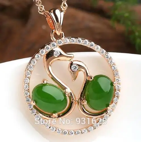 

925 silver Rose Gold Natural Green HeTian Yu Gem Inlay Two Swans Hollow Pendant Necklace + certificate Fashion Jewelry
