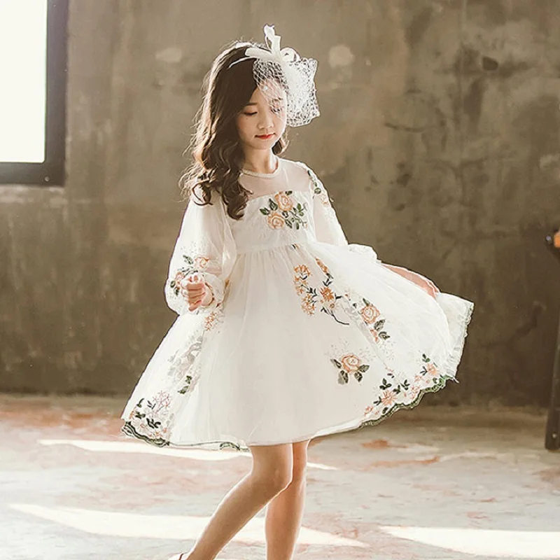 Весенне-осенние платья принцессы для девочек; одежда с длинными рукавами и вышитыми цветами; костюм на свадьбу, день рождения, вечеринку; милая детская одежда