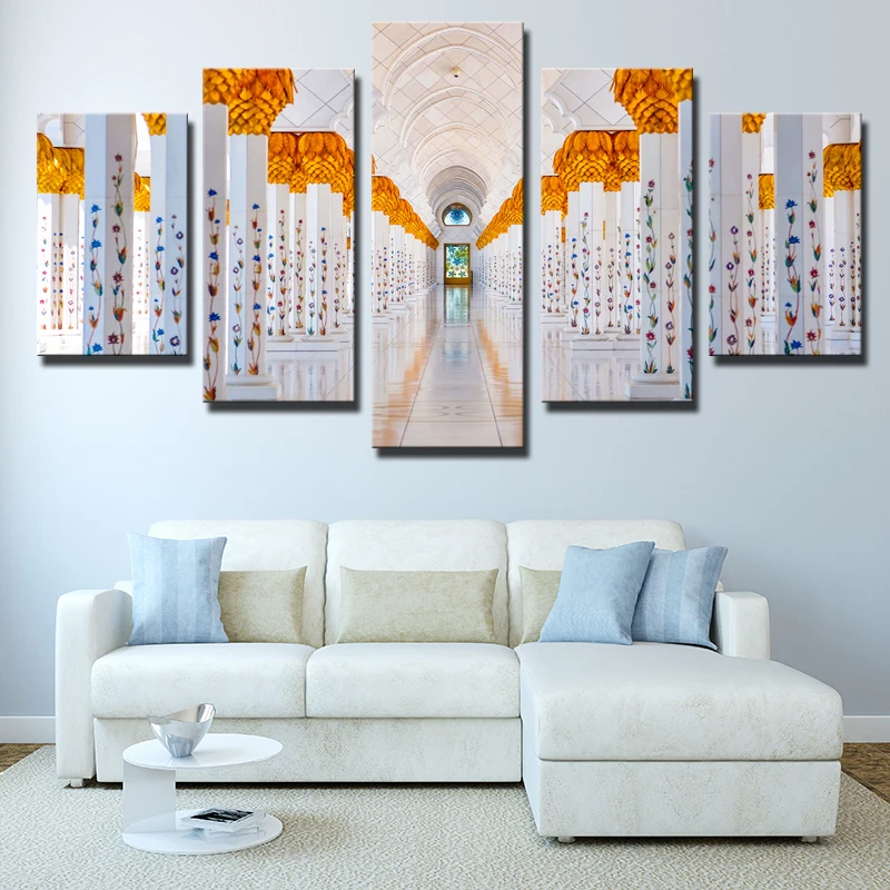 

Lesser Bairam Gift 5Pcs The Fine Columns of The ABU Dhabi Grand Mosque Canvas Painting Wall Picture For Living Room Home Decor