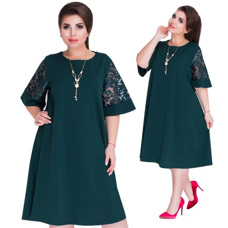 

Casual Plus Size Loose Dress For Women Short Lace Sleeve Casual Clothing Loose Dress Beach Dress Knee Length Dress