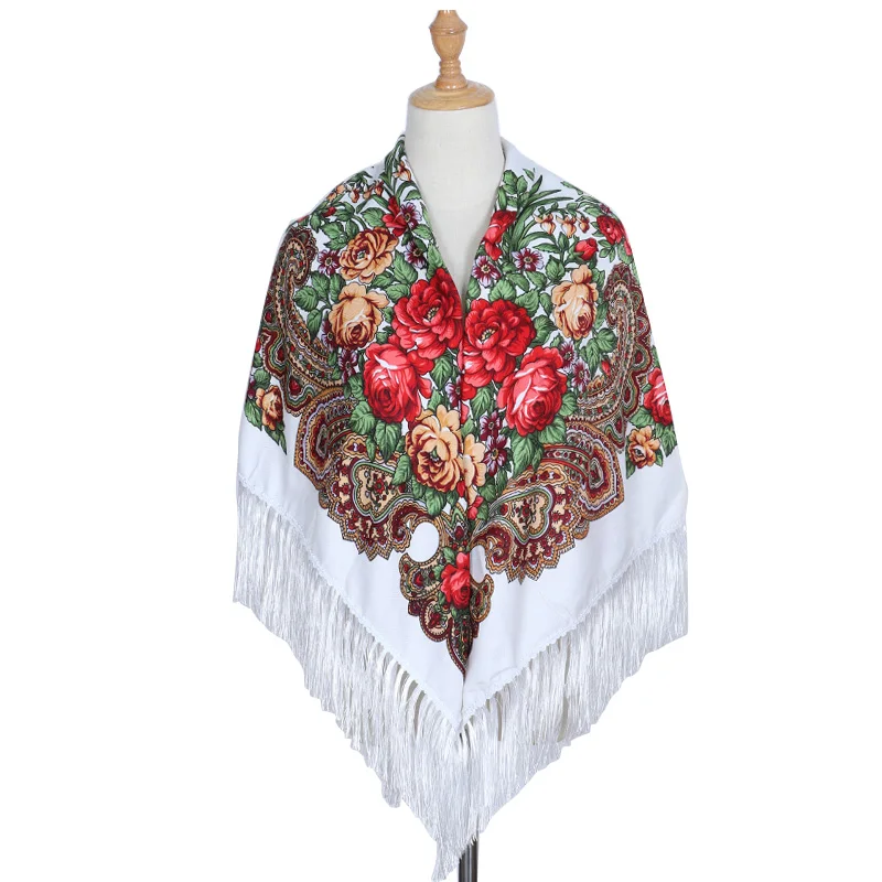 Российский женский модный брендовый квадратный шарф большого размера, хлопковый длинный шарф с кисточками и принтом, осенне-зимняя шаль из пашмины, горячая распродажа - Цвет: Белый