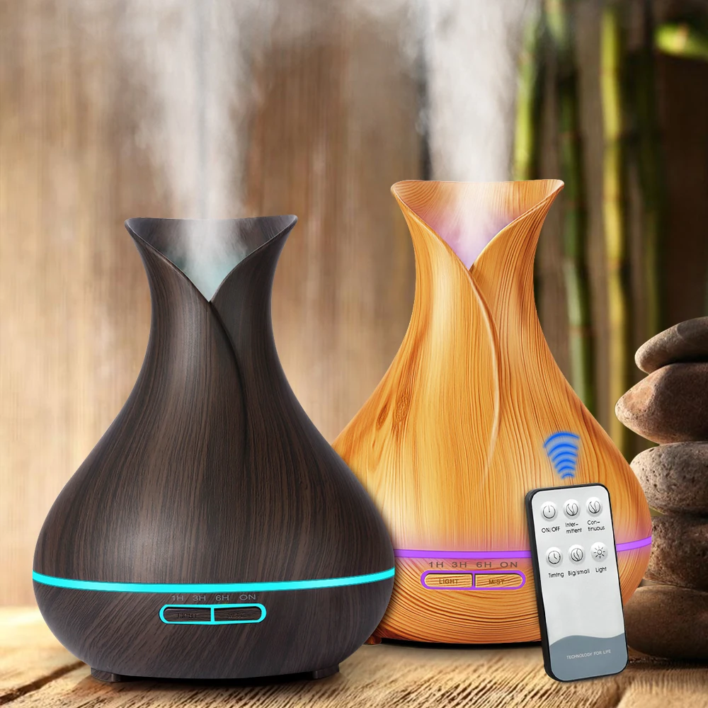 

New Ultrasonic Air Humidifier 550ml Aroma Essential Oil Diffuser with Wood Grain 7 Color Changing LED Lights for Office Home