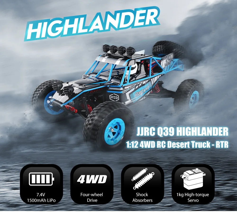 

JJRC Q39 HIGHLANDER 1:12 4WD RC Desert Truck RTR 35km/h+ Fast Speed / 1kg High-torque Servo / 7.4V 1500mAh LiPo Car Toy for Kids