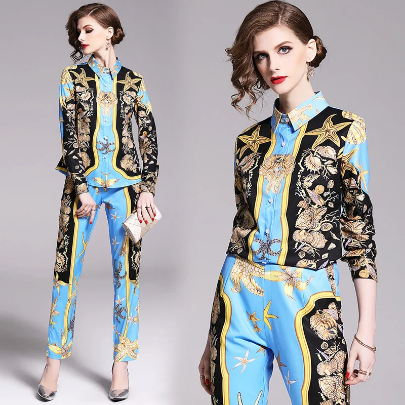 

2019 Spring Summer Fall Runway 2 Piece Womens Sets Retro Vintage Print Collar Long Sleeve Top Shirt Blouse Pant Suits Outfits