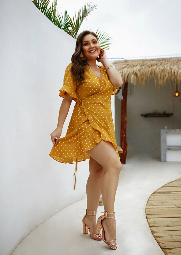 Для женщин летние Boho Короткие мини платье Праздник горошек V образным вырезом плюс размеры пикантные вечерние половина Shleeve рюшами пляжны