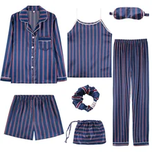 Для женщин 7 штук платье комплекты пятно пижама из искусственного шелка, халат, женская одежда для сна, комплекты осень-зима футболка с длинными рукавами, штаны для сна; детская пижама с принтом