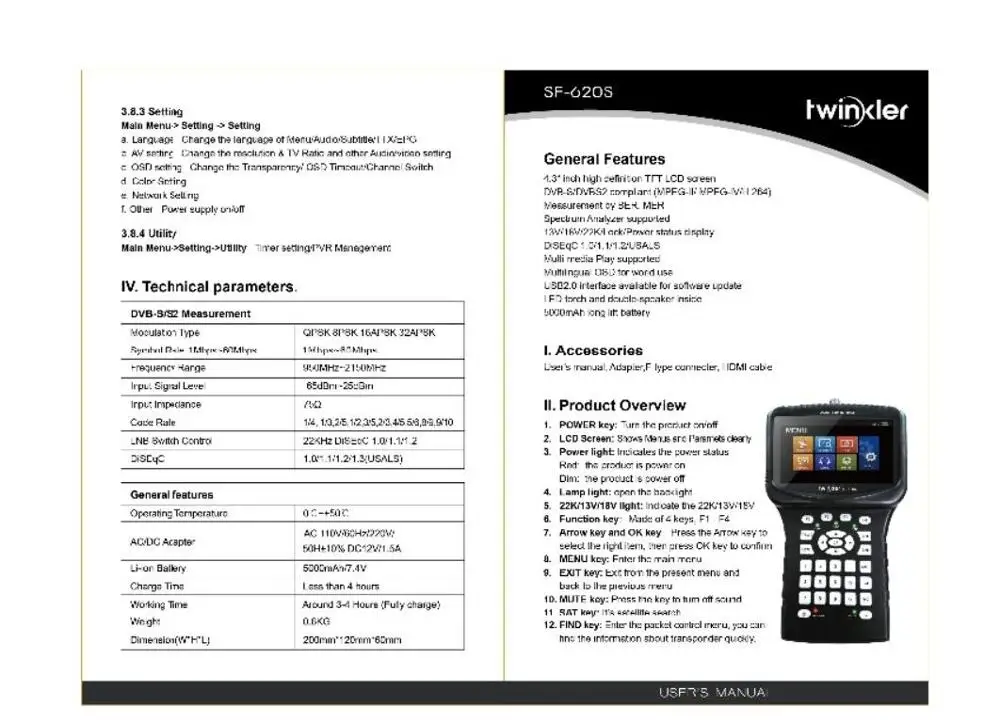 Sat-Finder анализатор спектра Twinkler sf-620s Satlink Powervu Usb-Wifi