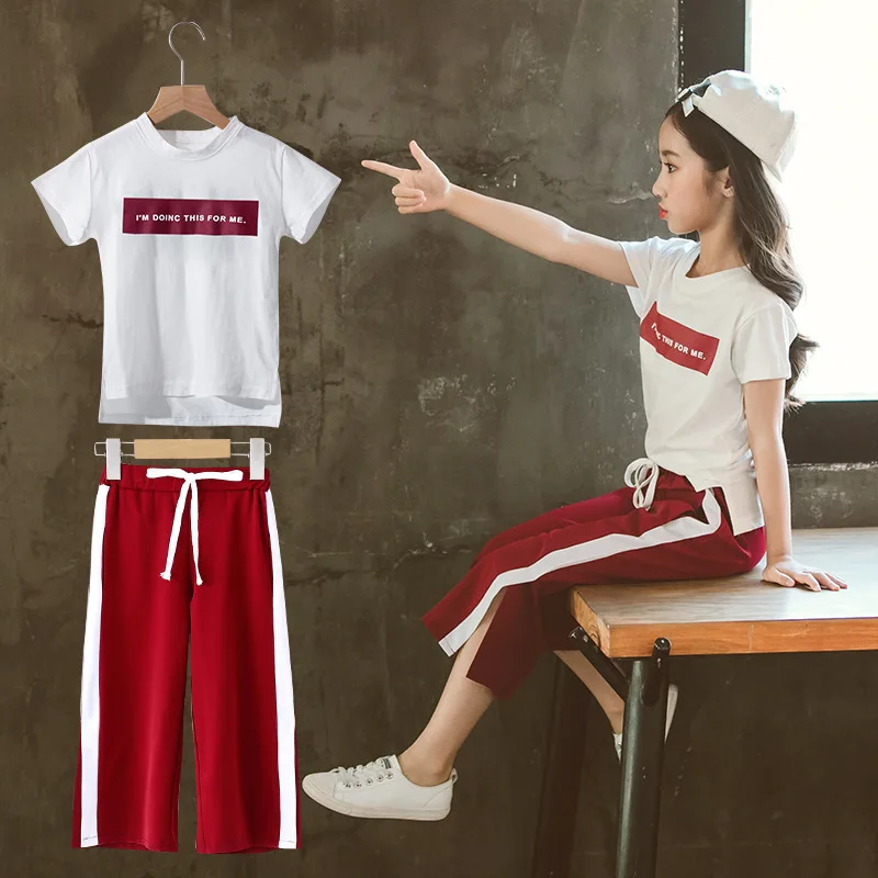 

2019 New Girls Clothing Sets Summer Short Sleeve T-Shirt+Pants 2 Pcs Kids Outwear Children Clothes Suits
