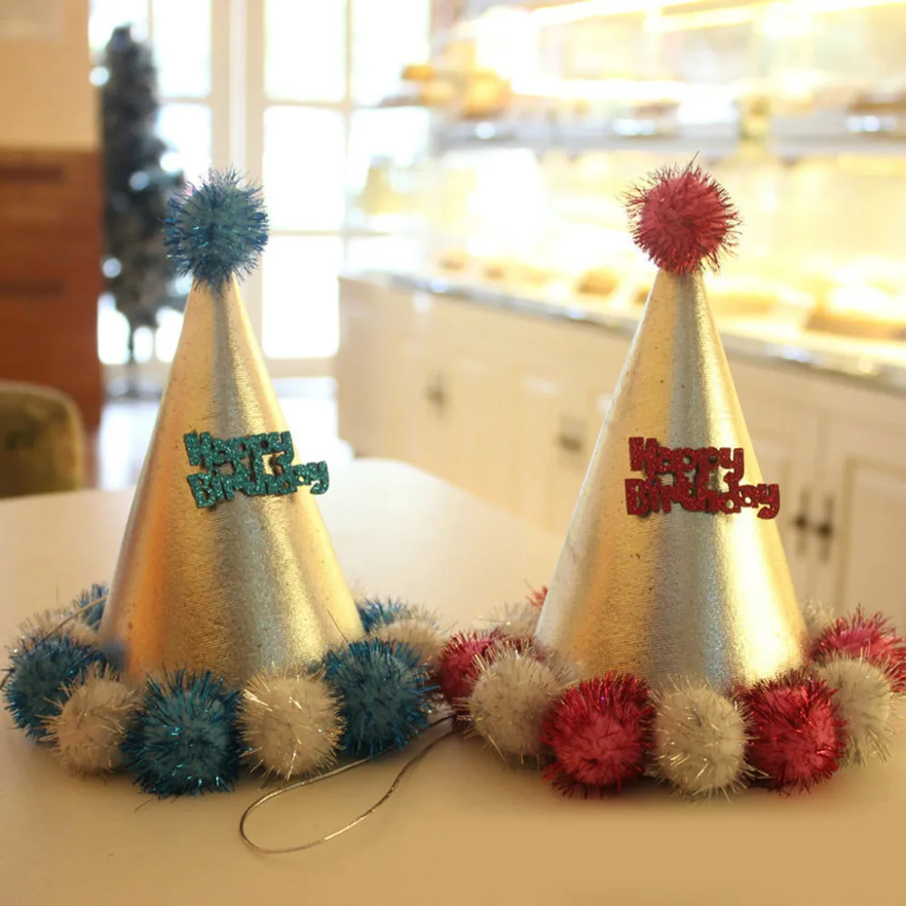 MagiDeal Lovely Glitter Kids Baby Happy Birthday Cone Pom Party Hat 