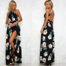 Floral Print Dress Off The Shoulder Slit Maxi Dress 2017Women Summer Chiffon Long Dress Blusas Feminina Sleeveless Slit Vestidos