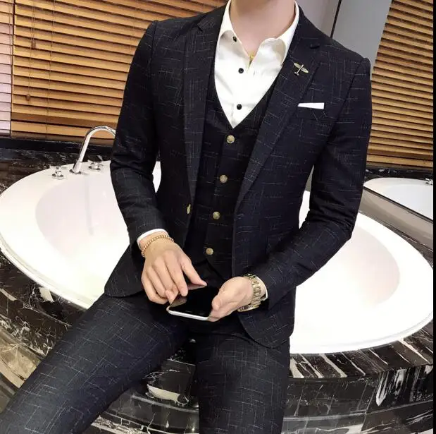 as picture Индивидуальный заказ две кнопки Slim Fit Мужские костюмы мужской костюм из трех предметов Slim корейской Повседневный костюм Деловое платье/мужские свадебные костюмы - Цвет: as picture