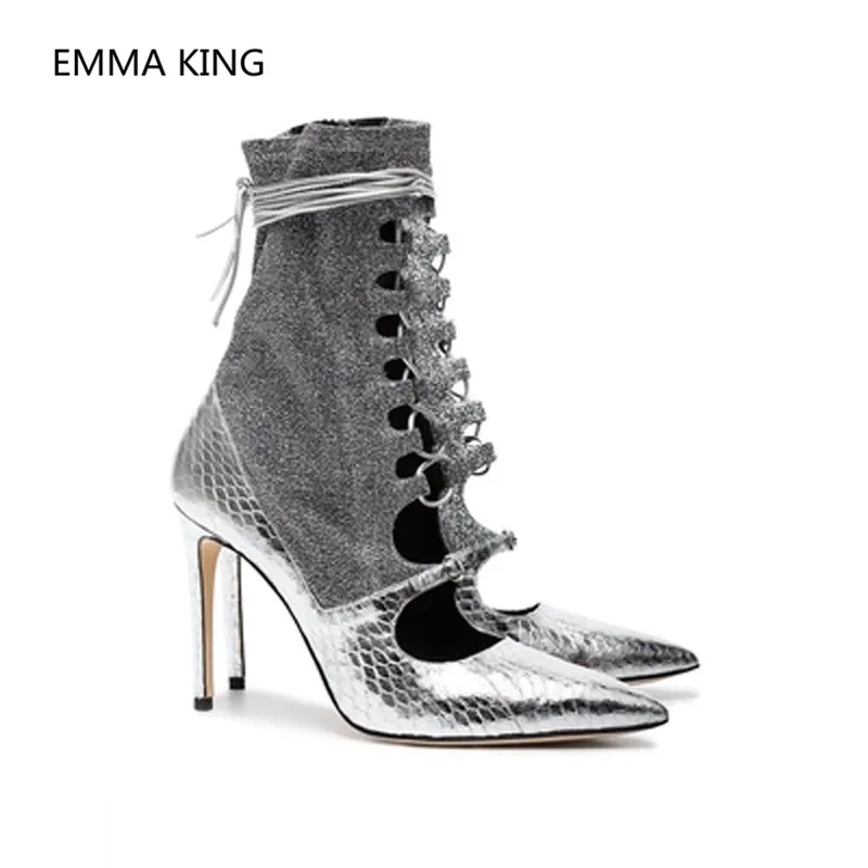 

Silver Glitter Bling Cut-Out Ankle Boots Women Pointed Toe Pumps Cross-Ties Snake Prints High Heel Summer Gladiator Sandals Boot