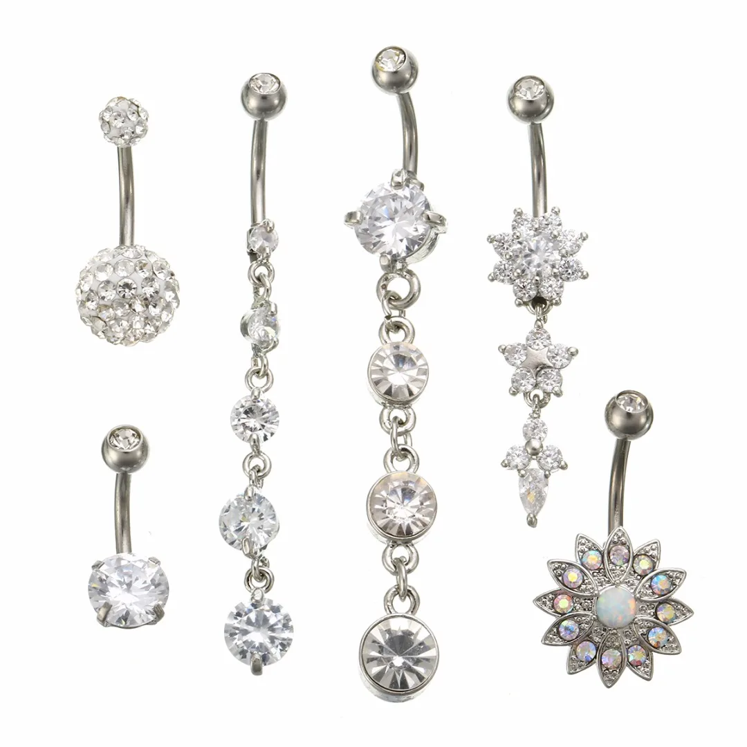 

High Quality Silver Color Dangle Flower Navel Ring Crystal CZ Navel Bell Button Rings Sexy Body Piercing Navel Body Jewelry