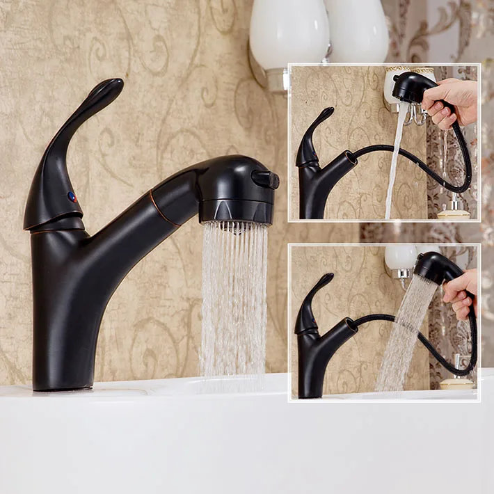 

Deck Mounted Oil Rubbed Bronze Basin Faucet Pull Out Spout Sink Mixer One Handle single faucet