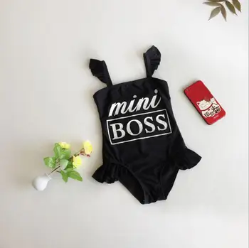 

baby girls mini boss black ruffles high quality spandex swimsuit kids girls one piece swimsuit with cap set quick dry