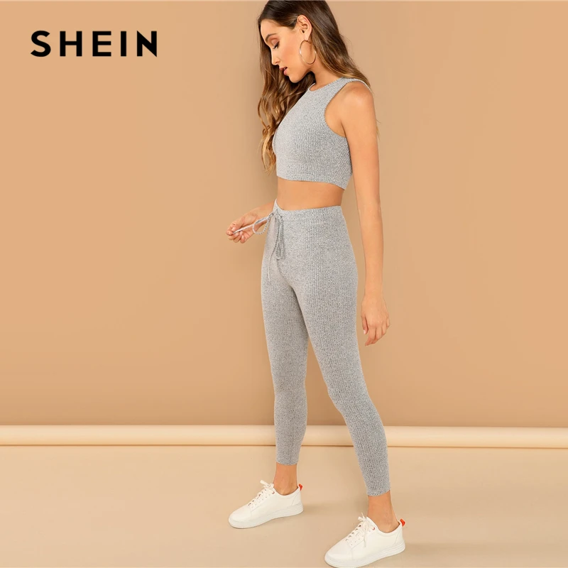 Ceny SHEIN szary Heathered dzianiny top typu crop tank i ściągany sznurkiem w pasie komplet legginsów kobiet wiosna Skinny sportowe trening zestawy dwuczęściowe