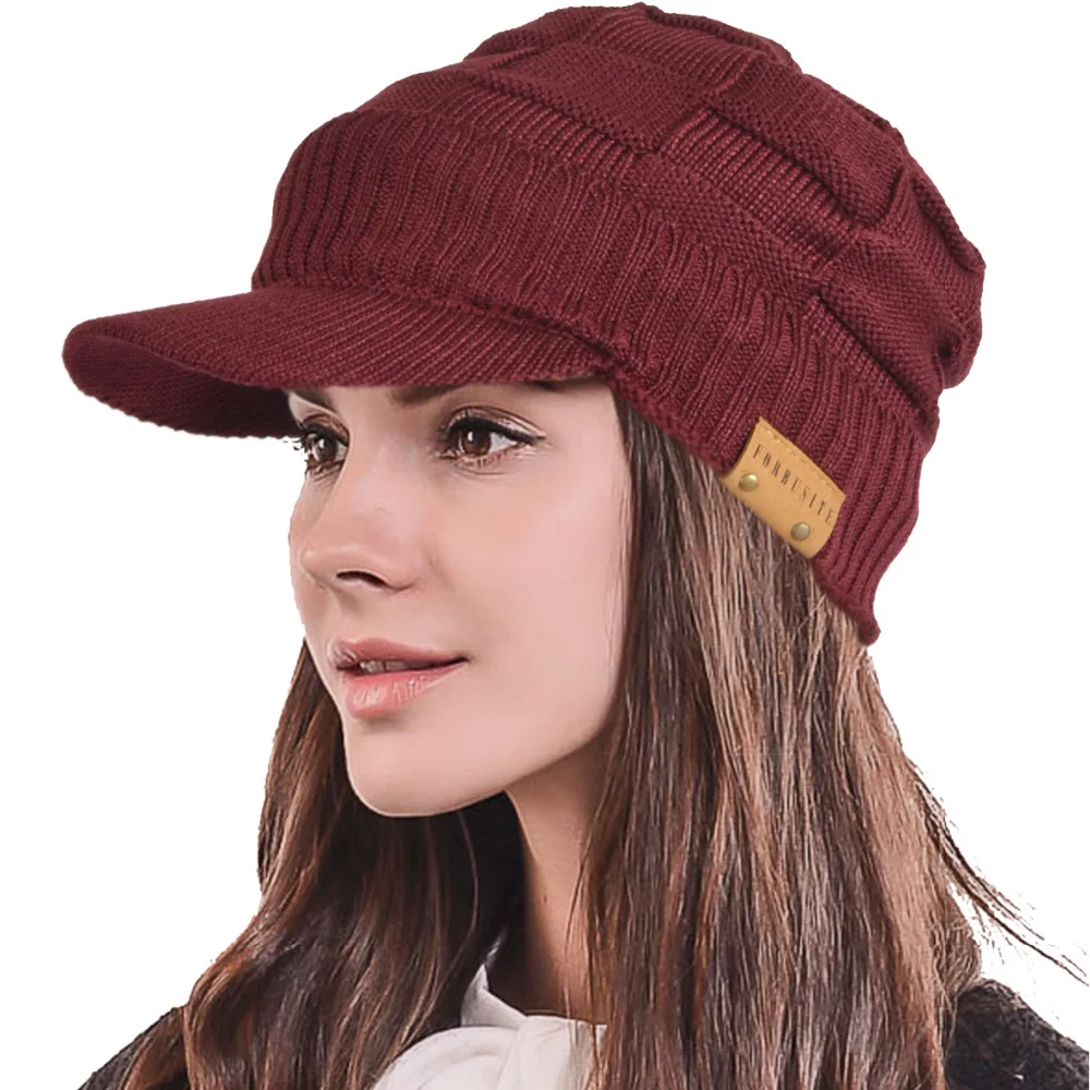 Winter Visor Beanie Knitted Hat Cap With Faux Leather Brim