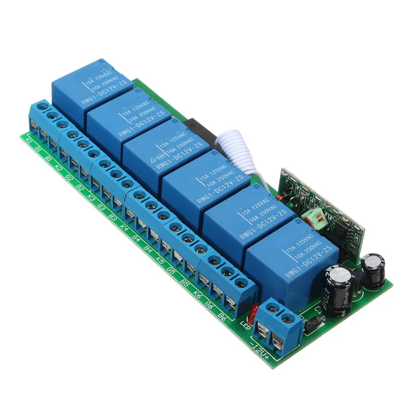 

DC12V Relay 6 Ch Wireless RF Remote Control Switch Heterodyne Receiver 315MHz/433MHz High Power Favorable