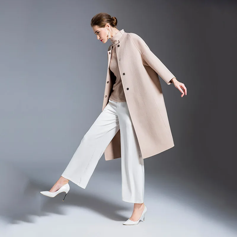 Зимняя Новая высококачественная женская одежда роскошное двустороннее кашемировое пальто ручной работы длинное элегантное шерстяное пальто для женщин - Цвет: Бежевый