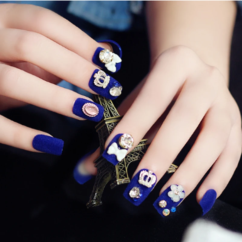 

2019 24pcs/set 3D False Nails Crystal Rhinestone Glitter Tips Bridal Nail Women Wedding deep blue ZZ03
